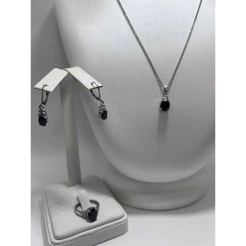 Black Onyx Jewelry Set Necklace Earrings Ring Size 5 Silver Settings